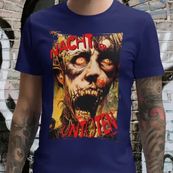 Camiseta rock masculina A Noite dos Mortos-Vivos em homenagem ao filme clássico – Cor azul escuro