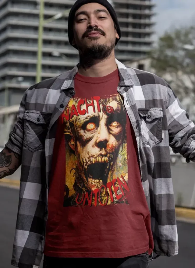 Camiseta rock masculina A Noite dos Mortos-Vivos em homenagem ao filme clássico – Cor vinho